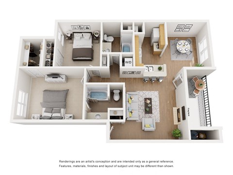 Floor plan for 2 beds, 2 baths, 1000 sqft